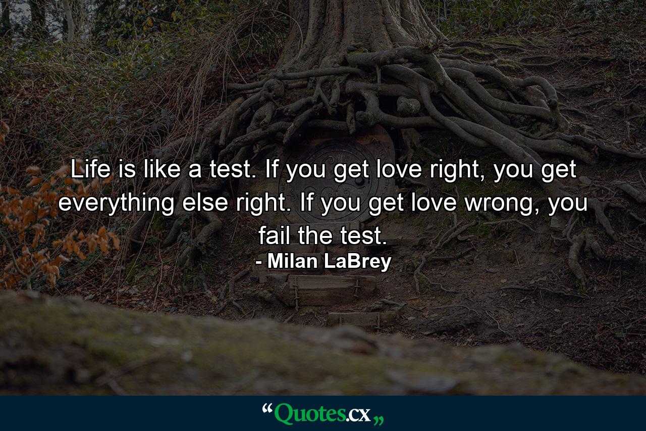 Life is like a test. If you get love right, you get everything else right. If you get love wrong, you fail the test. - Quote by Milan LaBrey