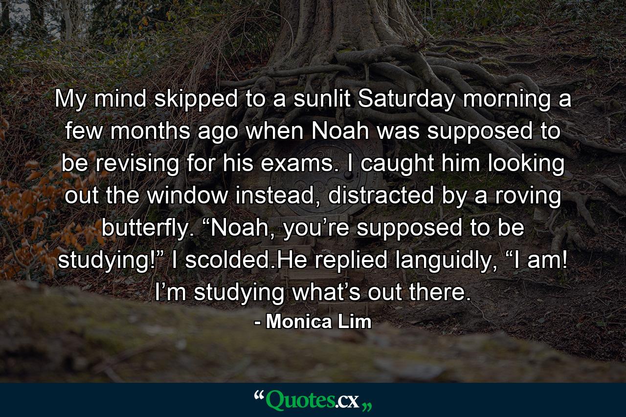 My mind skipped to a sunlit Saturday morning a few months ago when Noah was supposed to be revising for his exams. I caught him looking out the window instead, distracted by a roving butterfly. “Noah, you’re supposed to be studying!” I scolded.He replied languidly, “I am! I’m studying what’s out there. - Quote by Monica Lim