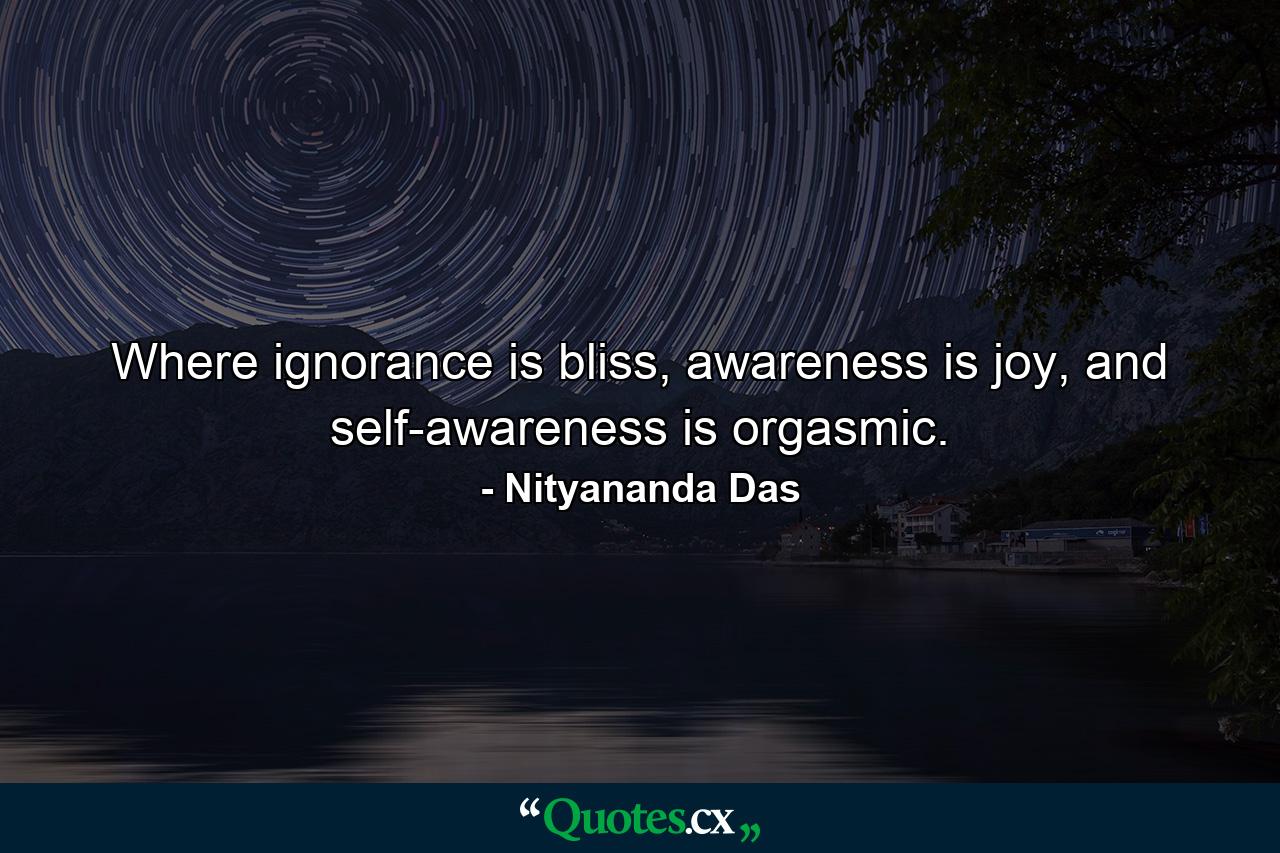 Where ignorance is bliss, awareness is joy, and self-awareness is orgasmic. - Quote by Nityananda Das