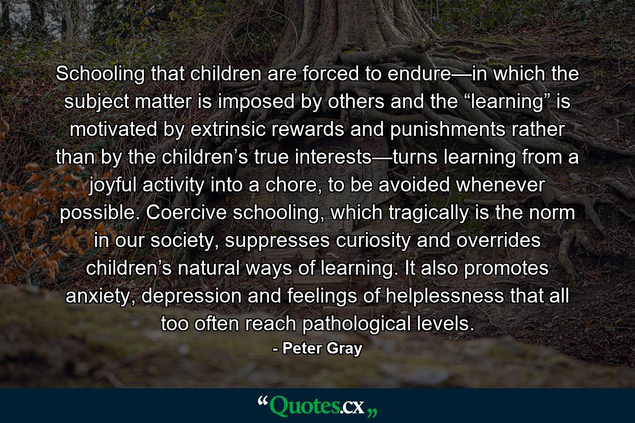 Schooling that children are forced to endure—in which the subject matter is imposed by others and the “learning” is motivated by extrinsic rewards and punishments rather than by the children’s true interests—turns learning from a joyful activity into a chore, to be avoided whenever possible. Coercive schooling, which tragically is the norm in our society, suppresses curiosity and overrides children’s natural ways of learning. It also promotes anxiety, depression and feelings of helplessness that all too often reach pathological levels. - Quote by Peter Gray