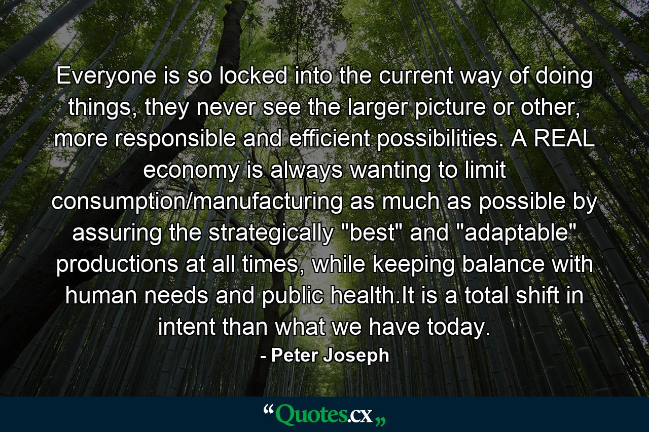 Everyone is so locked into the current way of doing things, they never see the larger picture or other, more responsible and efficient possibilities. A REAL economy is always wanting to limit consumption/manufacturing as much as possible by assuring the strategically 