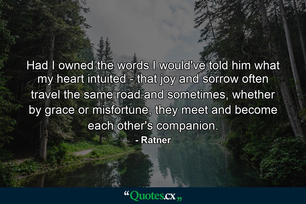 Had I owned the words I would've told him what my heart intuited - that joy and sorrow often travel the same road and sometimes, whether by grace or misfortune, they meet and become each other's companion. - Quote by Ratner