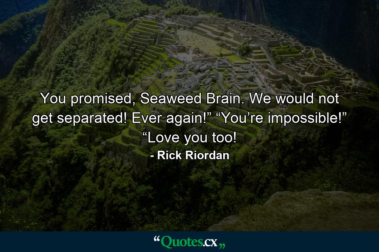 You promised, Seaweed Brain. We would not get separated! Ever again!” “You’re impossible!” “Love you too! - Quote by Rick Riordan