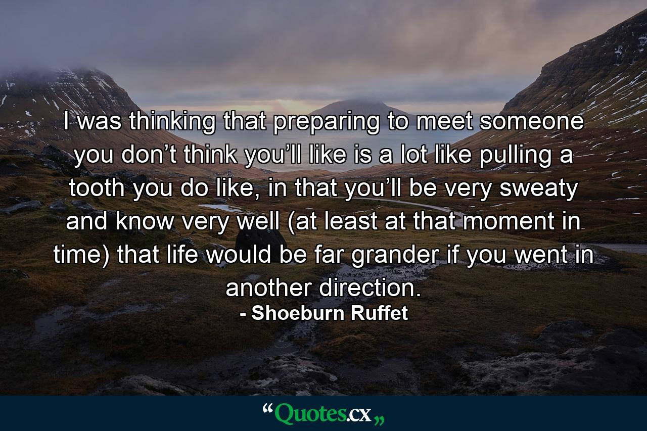 I was thinking that preparing to meet someone you don’t think you’ll like is a lot like pulling a tooth you do like, in that you’ll be very sweaty and know very well (at least at that moment in time) that life would be far grander if you went in another direction. - Quote by Shoeburn Ruffet