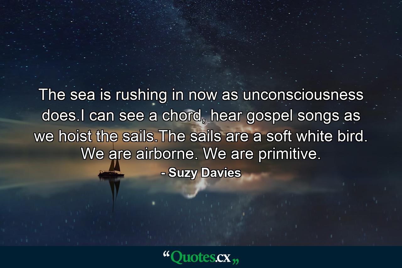 The sea is rushing in now as unconsciousness does.I can see a chord, hear gospel songs as we hoist the sails.The sails are a soft white bird. We are airborne. We are primitive. - Quote by Suzy Davies