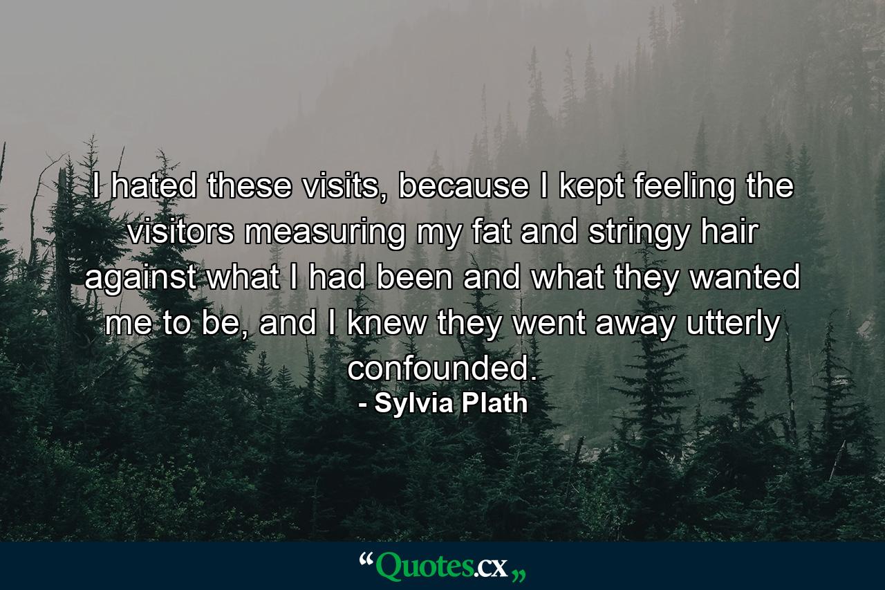 I hated these visits, because I kept feeling the visitors measuring my fat and stringy hair against what I had been and what they wanted me to be, and I knew they went away utterly confounded. - Quote by Sylvia Plath