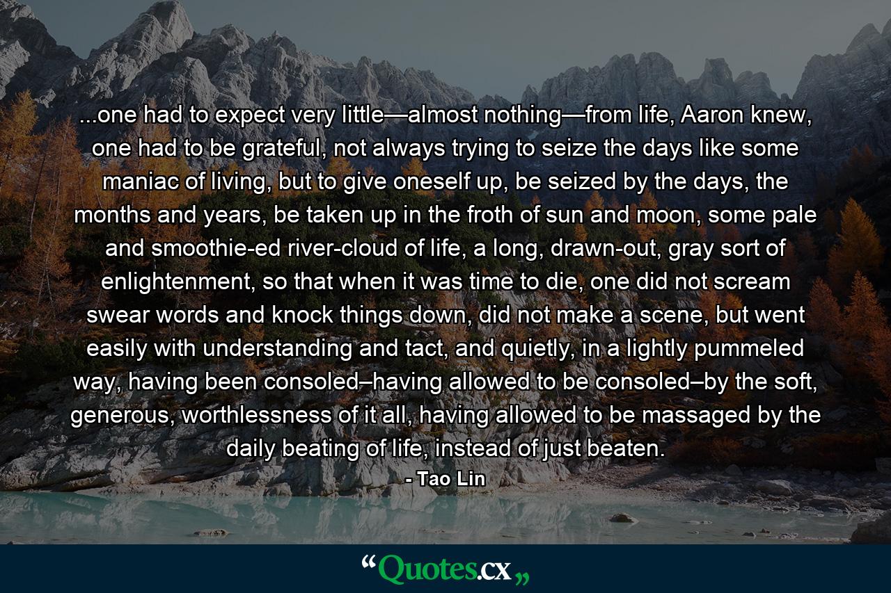 ...one had to expect very little—almost nothing—from life, Aaron knew, one had to be grateful, not always trying to seize the days like some maniac of living, but to give oneself up, be seized by the days, the months and years, be taken up in the froth of sun and moon, some pale and smoothie-ed river-cloud of life, a long, drawn-out, gray sort of enlightenment, so that when it was time to die, one did not scream swear words and knock things down, did not make a scene, but went easily with understanding and tact, and quietly, in a lightly pummeled way, having been consoled–having allowed to be consoled–by the soft, generous, worthlessness of it all, having allowed to be massaged by the daily beating of life, instead of just beaten. - Quote by Tao Lin