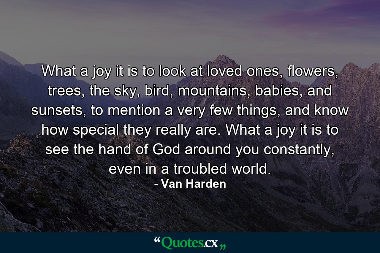 What a joy it is to look at loved ones, flowers, trees, the sky, bird, mountains, babies, and sunsets, to mention a very few things, and know how special they really are. What a joy it is to see the hand of God around you constantly, even in a troubled world. - Quote by Van Harden