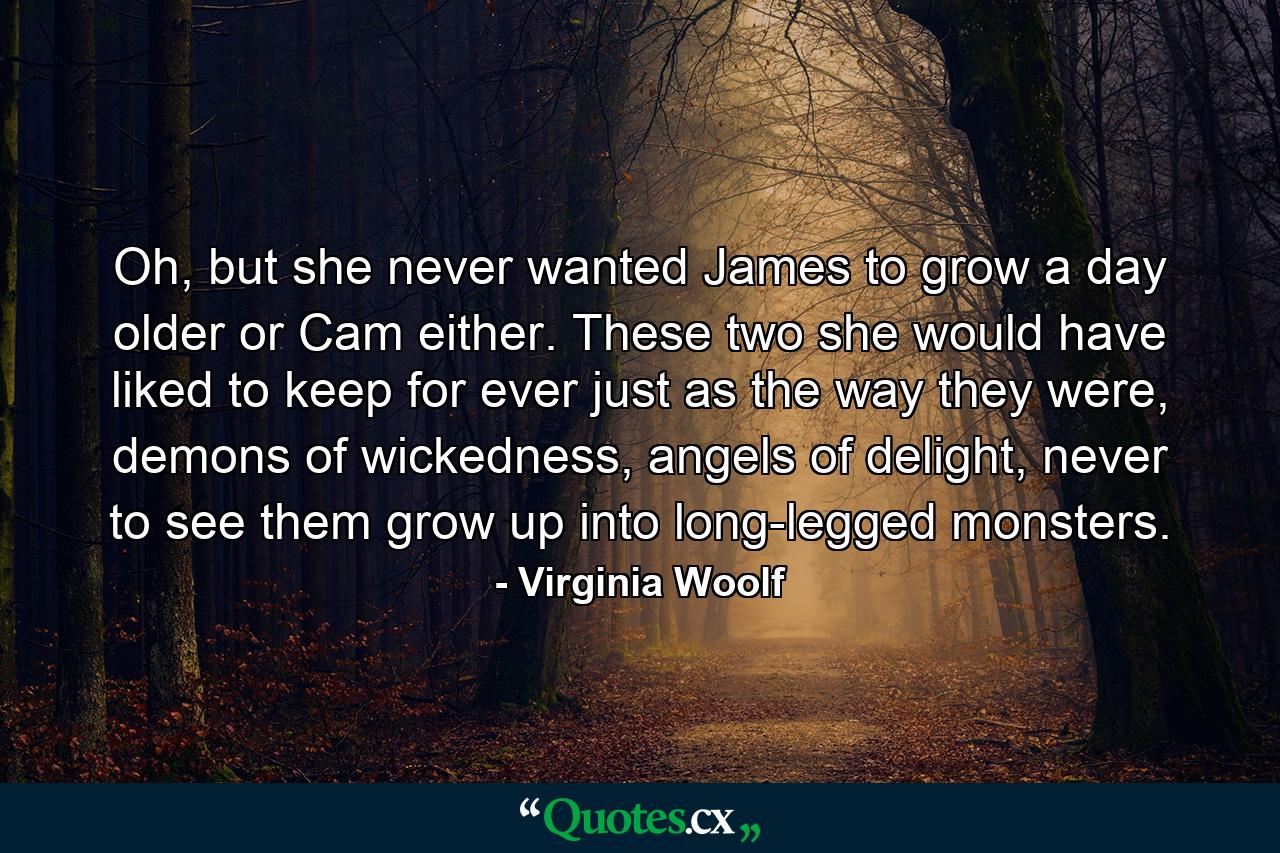 Oh, but she never wanted James to grow a day older or Cam either. These two she would have liked to keep for ever just as the way they were, demons of wickedness, angels of delight, never to see them grow up into long-legged monsters. - Quote by Virginia Woolf