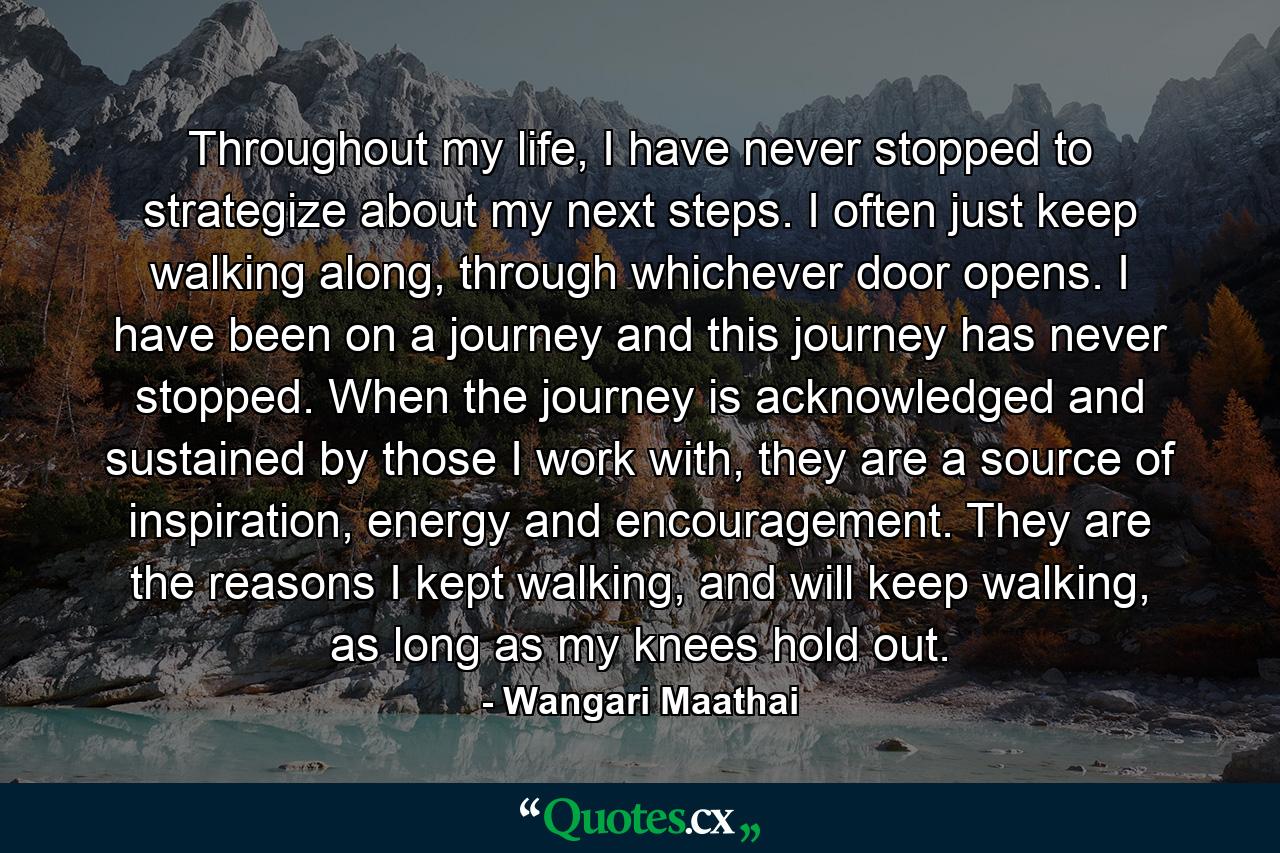 Throughout my life, I have never stopped to strategize about my next steps. I often just keep walking along, through whichever door opens. I have been on a journey and this journey has never stopped. When the journey is acknowledged and sustained by those I work with, they are a source of inspiration, energy and encouragement. They are the reasons I kept walking, and will keep walking, as long as my knees hold out. - Quote by Wangari Maathai