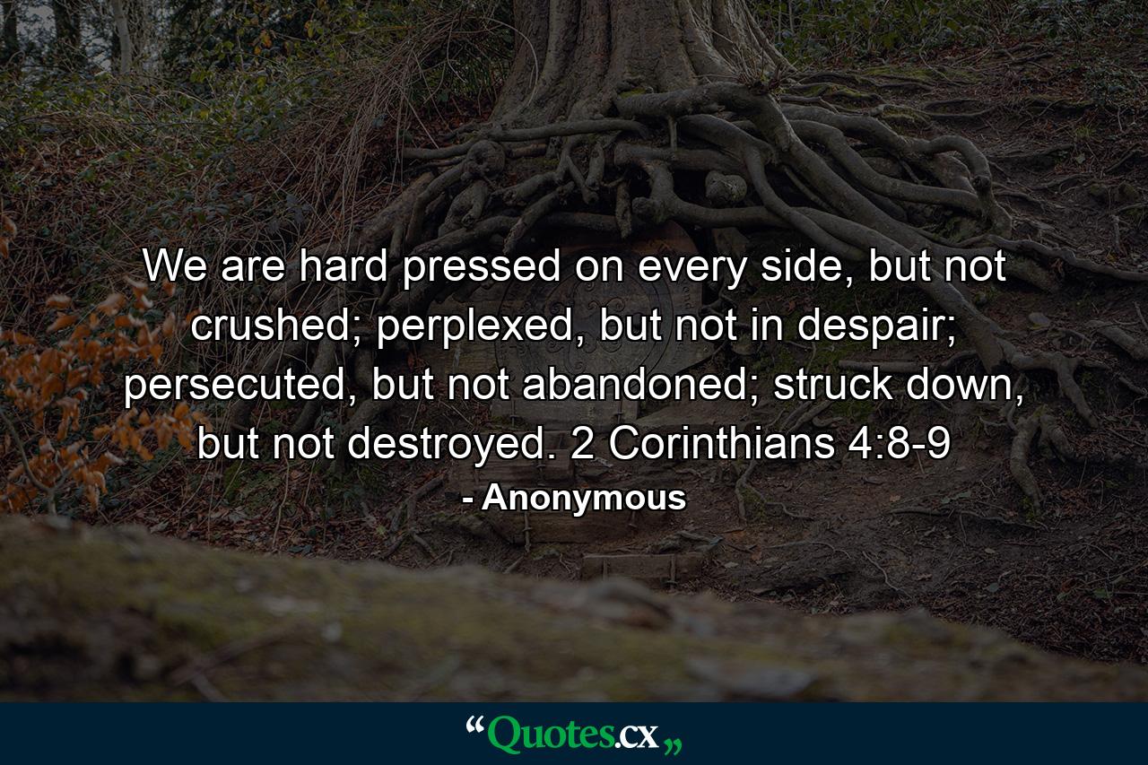 We are hard pressed on every side, but not crushed; perplexed, but not in despair; persecuted, but not abandoned; struck down, but not destroyed. 2 Corinthians 4:8-9 - Quote by Anonymous