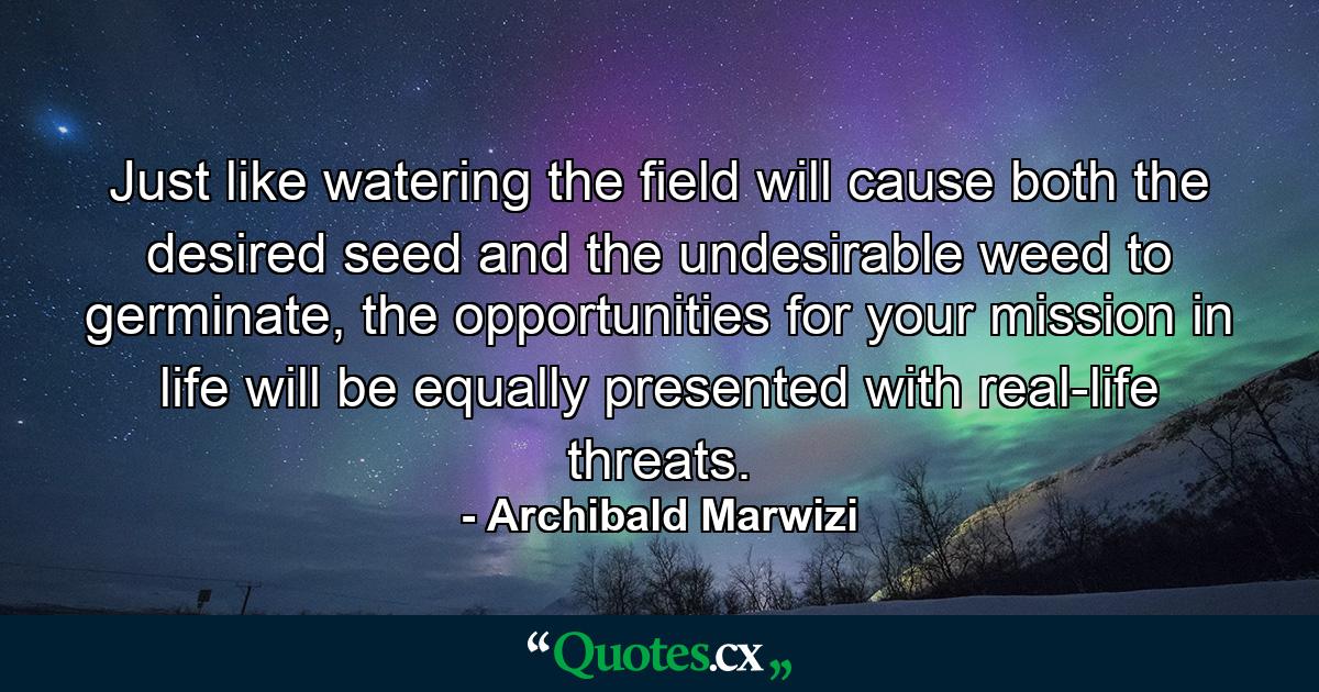 Just like watering the field will cause both the desired seed and the undesirable weed to germinate, the opportunities for your mission in life will be equally presented with real-life threats. - Quote by Archibald Marwizi