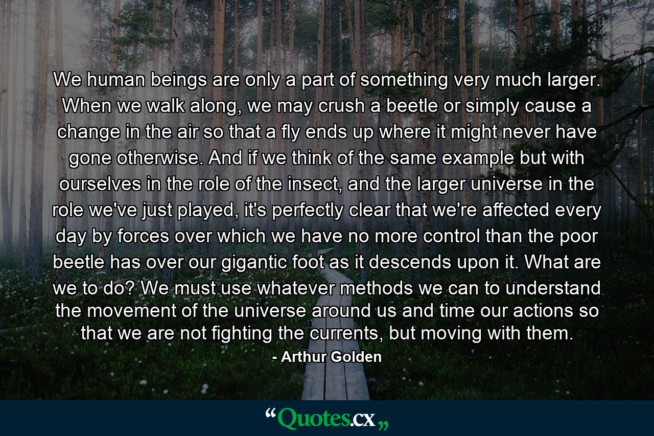 We human beings are only a part of something very much larger. When we walk along, we may crush a beetle or simply cause a change in the air so that a fly ends up where it might never have gone otherwise. And if we think of the same example but with ourselves in the role of the insect, and the larger universe in the role we've just played, it's perfectly clear that we're affected every day by forces over which we have no more control than the poor beetle has over our gigantic foot as it descends upon it. What are we to do? We must use whatever methods we can to understand the movement of the universe around us and time our actions so that we are not fighting the currents, but moving with them. - Quote by Arthur Golden