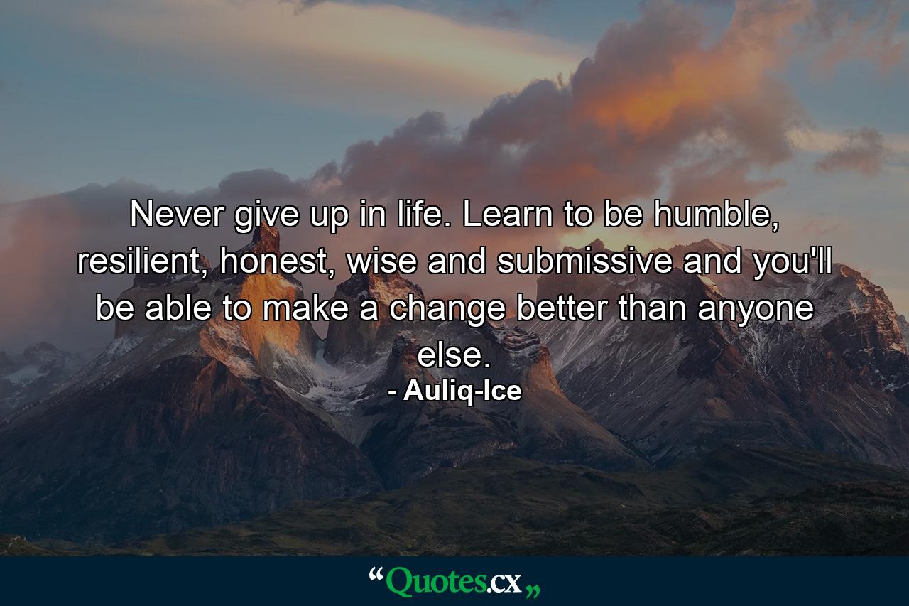 Never give up in life. Learn to be humble, resilient, honest, wise and submissive and you'll be able to make a change better than anyone else. - Quote by Auliq-Ice