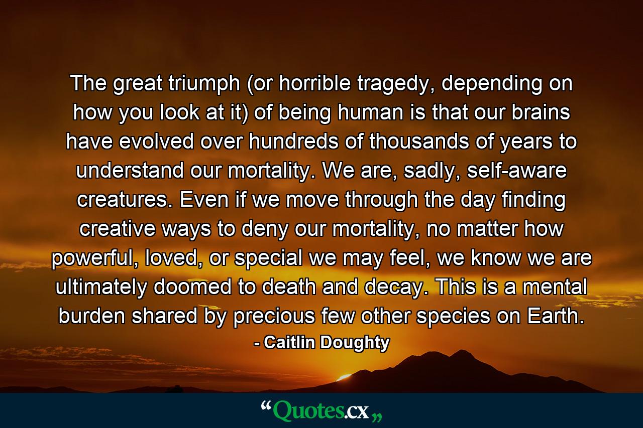 The great triumph (or horrible tragedy, depending on how you look at it) of being human is that our brains have evolved over hundreds of thousands of years to understand our mortality. We are, sadly, self-aware creatures. Even if we move through the day finding creative ways to deny our mortality, no matter how powerful, loved, or special we may feel, we know we are ultimately doomed to death and decay. This is a mental burden shared by precious few other species on Earth. - Quote by Caitlin Doughty