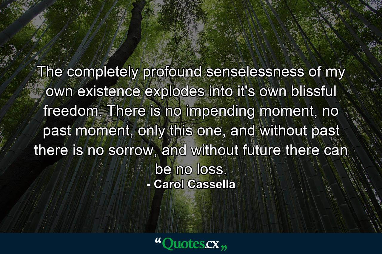 The completely profound senselessness of my own existence explodes into it's own blissful freedom. There is no impending moment, no past moment, only this one, and without past there is no sorrow, and without future there can be no loss. - Quote by Carol Cassella