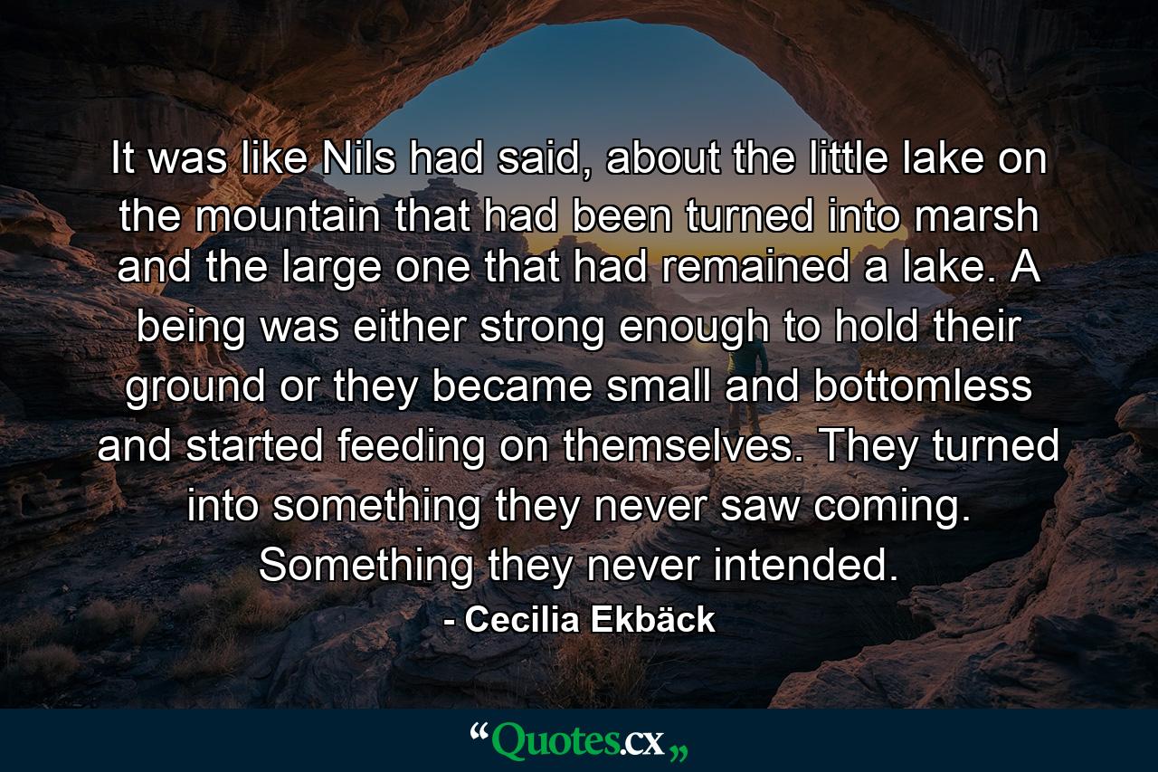 It was like Nils had said, about the little lake on the mountain that had been turned into marsh and the large one that had remained a lake. A being was either strong enough to hold their ground or they became small and bottomless and started feeding on themselves. They turned into something they never saw coming. Something they never intended. - Quote by Cecilia Ekbäck