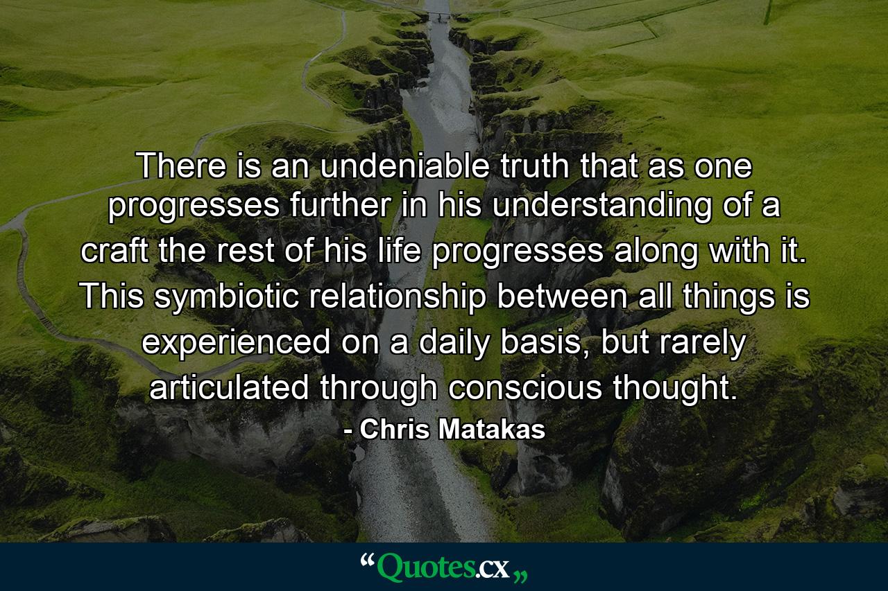 There is an undeniable truth that as one progresses further in his understanding of a craft the rest of his life progresses along with it. This symbiotic relationship between all things is experienced on a daily basis, but rarely articulated through conscious thought. - Quote by Chris Matakas