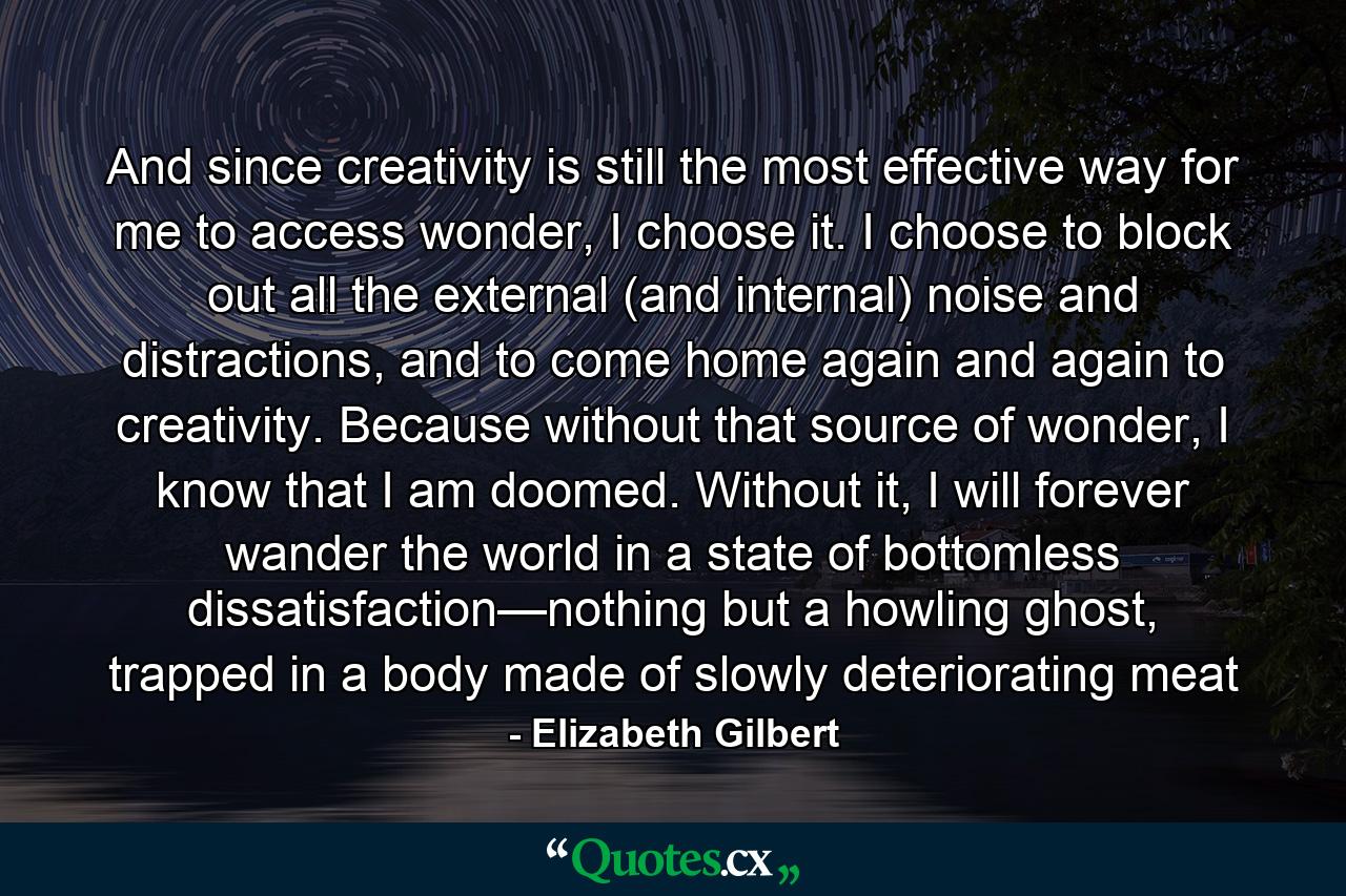 And since creativity is still the most effective way for me to access wonder, I choose it. I choose to block out all the external (and internal) noise and distractions, and to come home again and again to creativity. Because without that source of wonder, I know that I am doomed. Without it, I will forever wander the world in a state of bottomless dissatisfaction—nothing but a howling ghost, trapped in a body made of slowly deteriorating meat - Quote by Elizabeth Gilbert