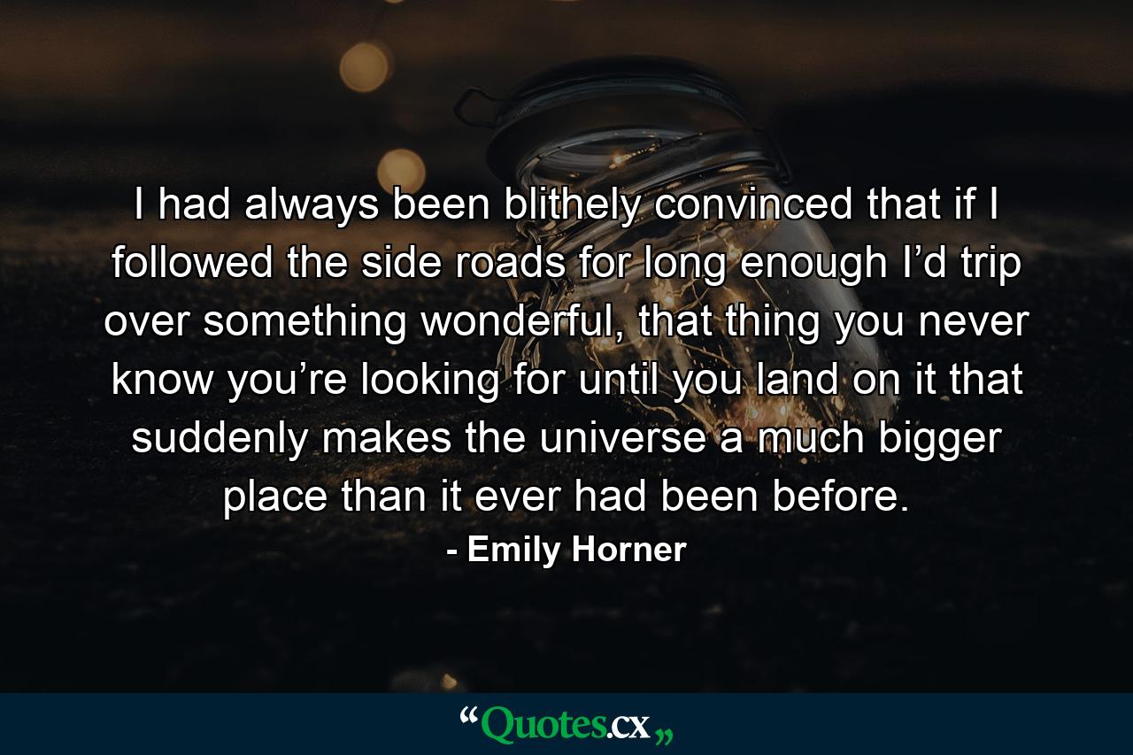 I had always been blithely convinced that if I followed the side roads for long enough I’d trip over something wonderful, that thing you never know you’re looking for until you land on it that suddenly makes the universe a much bigger place than it ever had been before. - Quote by Emily Horner