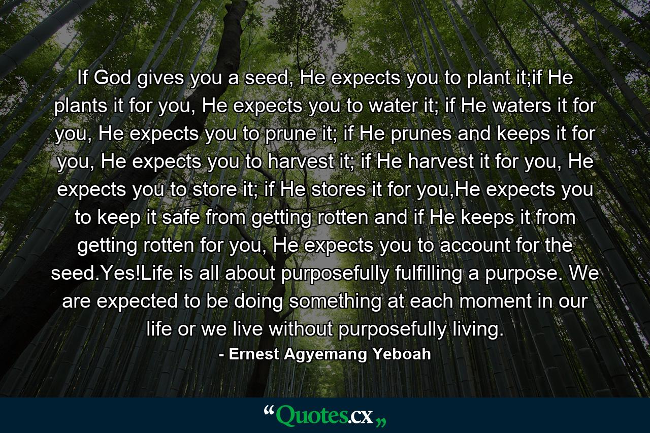 If God gives you a seed, He expects you to plant it;if He plants it for you, He expects you to water it; if He waters it for you, He expects you to prune it; if He prunes and keeps it for you, He expects you to harvest it; if He harvest it for you, He expects you to store it; if He stores it for you,He expects you to keep it safe from getting rotten and if He keeps it from getting rotten for you, He expects you to account for the seed.Yes!Life is all about purposefully fulfilling a purpose. We are expected to be doing something at each moment in our life or we live without purposefully living. - Quote by Ernest Agyemang Yeboah