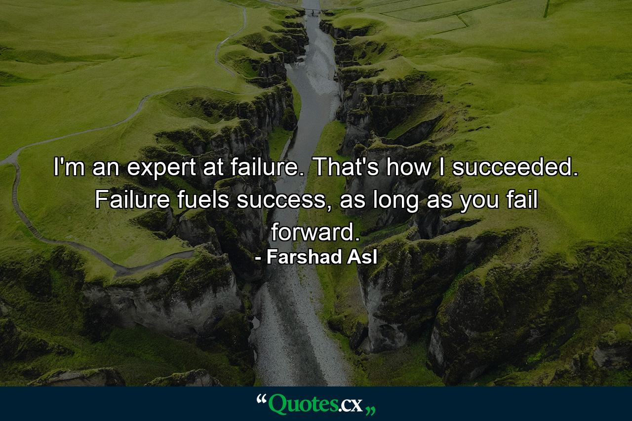 I'm an expert at failure. That's how I succeeded. Failure fuels success, as long as you fail forward. - Quote by Farshad Asl