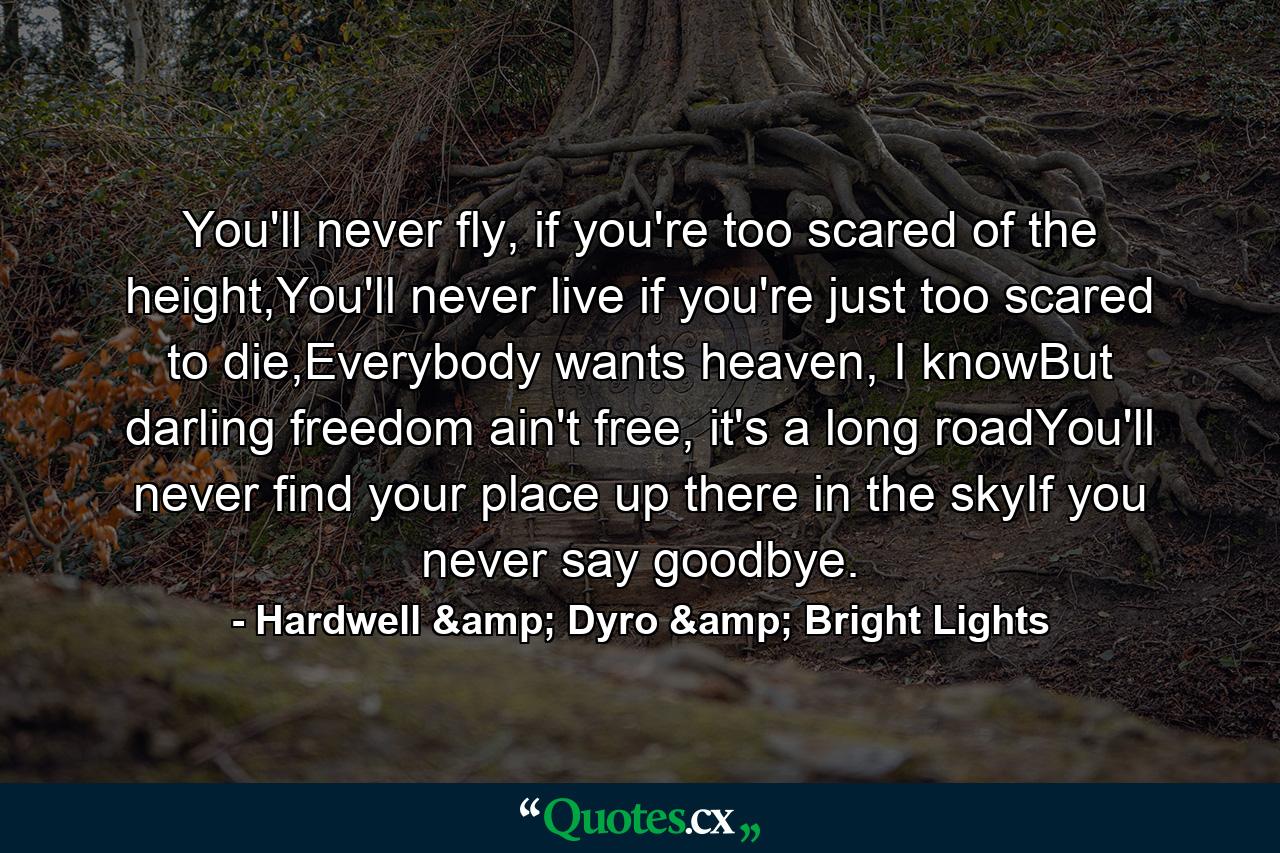 You'll never fly, if you're too scared of the height,You'll never live if you're just too scared to die,Everybody wants heaven, I knowBut darling freedom ain't free, it's a long roadYou'll never find your place up there in the skyIf you never say goodbye. - Quote by Hardwell & Dyro & Bright Lights