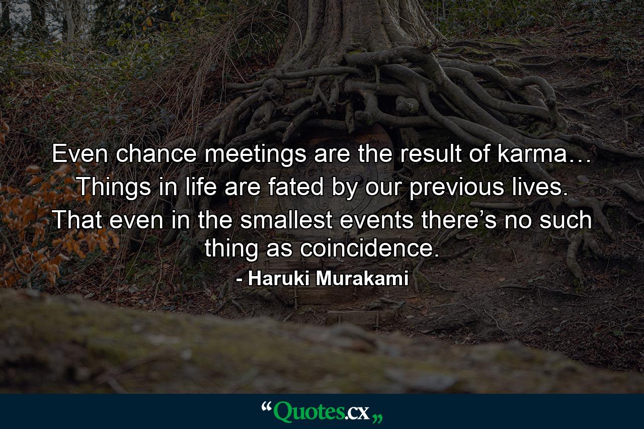 Even chance meetings are the result of karma… Things in life are fated by our previous lives. That even in the smallest events there’s no such thing as coincidence. - Quote by Haruki Murakami