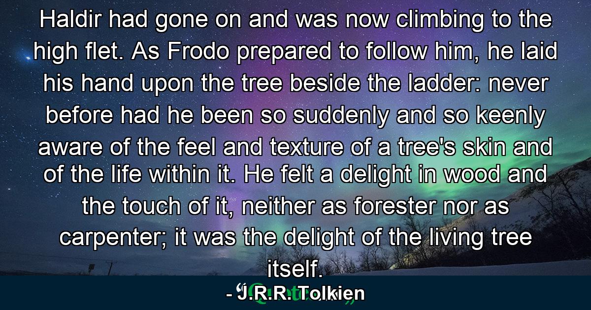 Haldir had gone on and was now climbing to the high flet. As Frodo prepared to follow him, he laid his hand upon the tree beside the ladder: never before had he been so suddenly and so keenly aware of the feel and texture of a tree's skin and of the life within it. He felt a delight in wood and the touch of it, neither as forester nor as carpenter; it was the delight of the living tree itself. - Quote by J.R.R. Tolkien