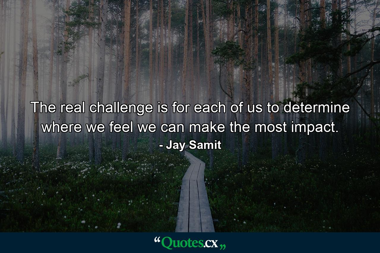 The real challenge is for each of us to determine where we feel we can make the most impact. - Quote by Jay Samit