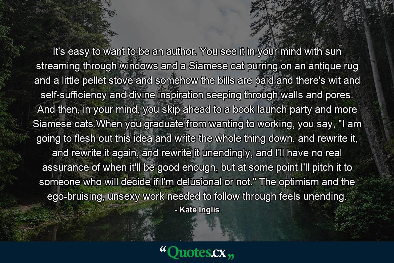 It's easy to want to be an author. You see it in your mind with sun streaming through windows and a Siamese cat purring on an antique rug and a little pellet stove and somehow the bills are paid and there's wit and self-sufficiency and divine inspiration seeping through walls and pores. And then, in your mind, you skip ahead to a book launch party and more Siamese cats.When you graduate from wanting to working, you say, 