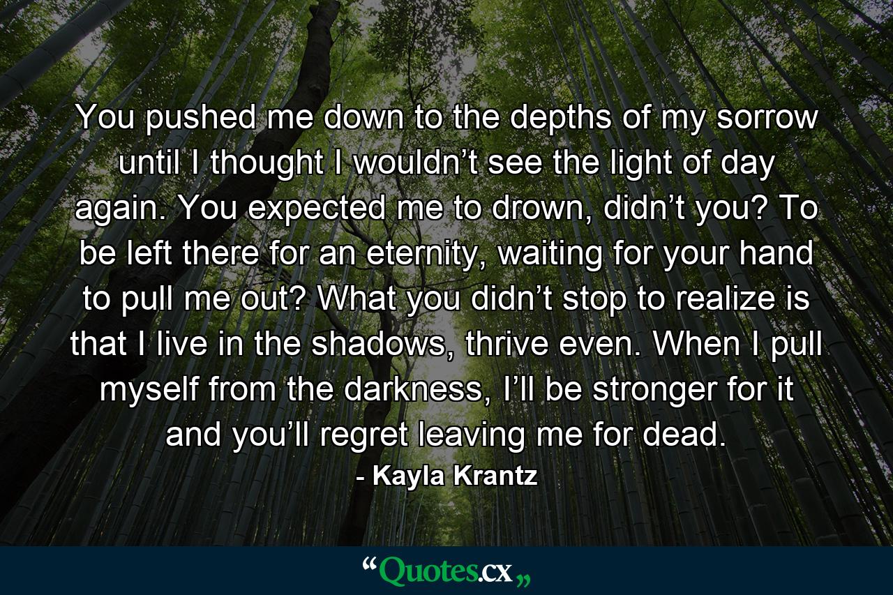 You pushed me down to the depths of my sorrow until I thought I wouldn’t see the light of day again. You expected me to drown, didn’t you? To be left there for an eternity, waiting for your hand to pull me out? What you didn’t stop to realize is that I live in the shadows, thrive even. When I pull myself from the darkness, I’ll be stronger for it and you’ll regret leaving me for dead. - Quote by Kayla Krantz