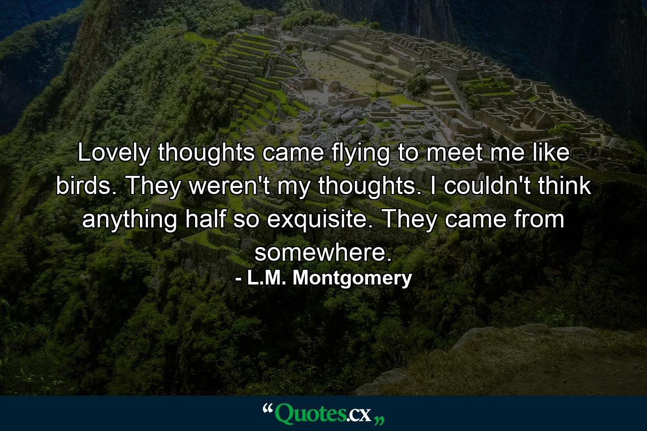 Lovely thoughts came flying to meet me like birds. They weren't my thoughts. I couldn't think anything half so exquisite. They came from somewhere. - Quote by L.M. Montgomery