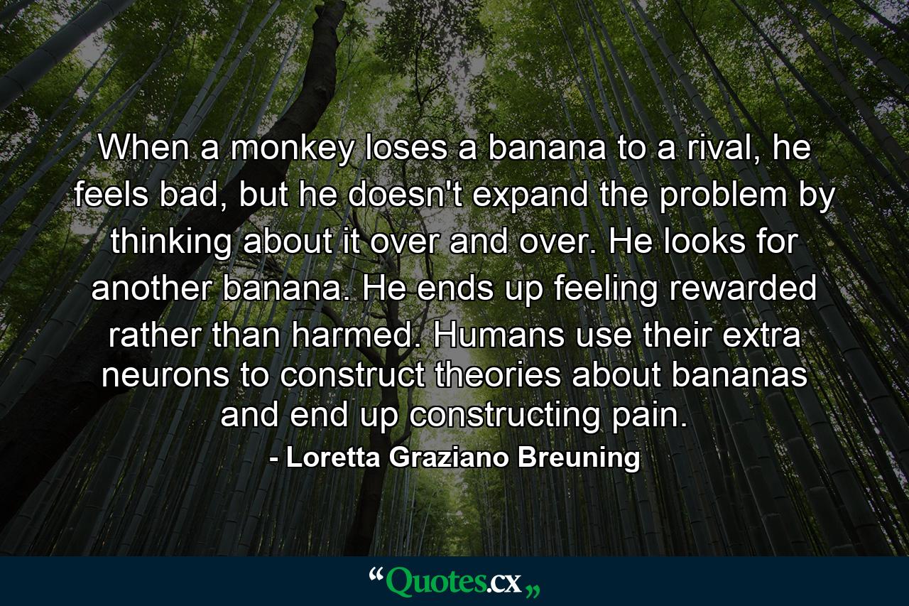 When a monkey loses a banana to a rival, he feels bad, but he doesn't expand the problem by thinking about it over and over. He looks for another banana. He ends up feeling rewarded rather than harmed. Humans use their extra neurons to construct theories about bananas and end up constructing pain. - Quote by Loretta Graziano Breuning