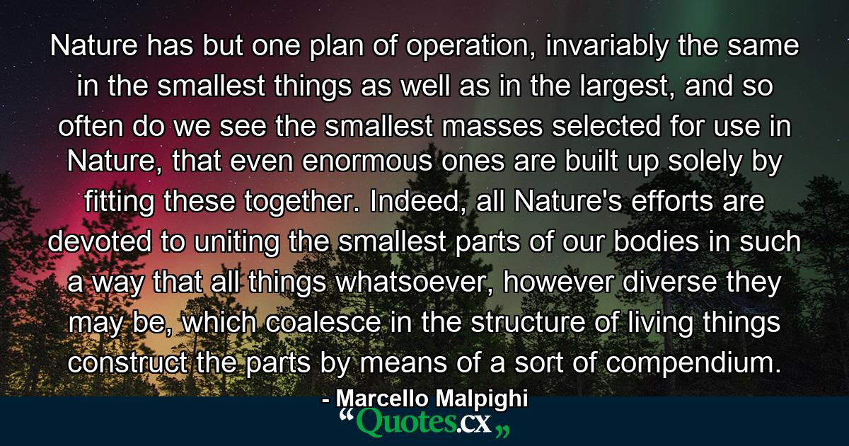 Nature has but one plan of operation, invariably the same in the smallest things as well as in the largest, and so often do we see the smallest masses selected for use in Nature, that even enormous ones are built up solely by fitting these together. Indeed, all Nature's efforts are devoted to uniting the smallest parts of our bodies in such a way that all things whatsoever, however diverse they may be, which coalesce in the structure of living things construct the parts by means of a sort of compendium. - Quote by Marcello Malpighi