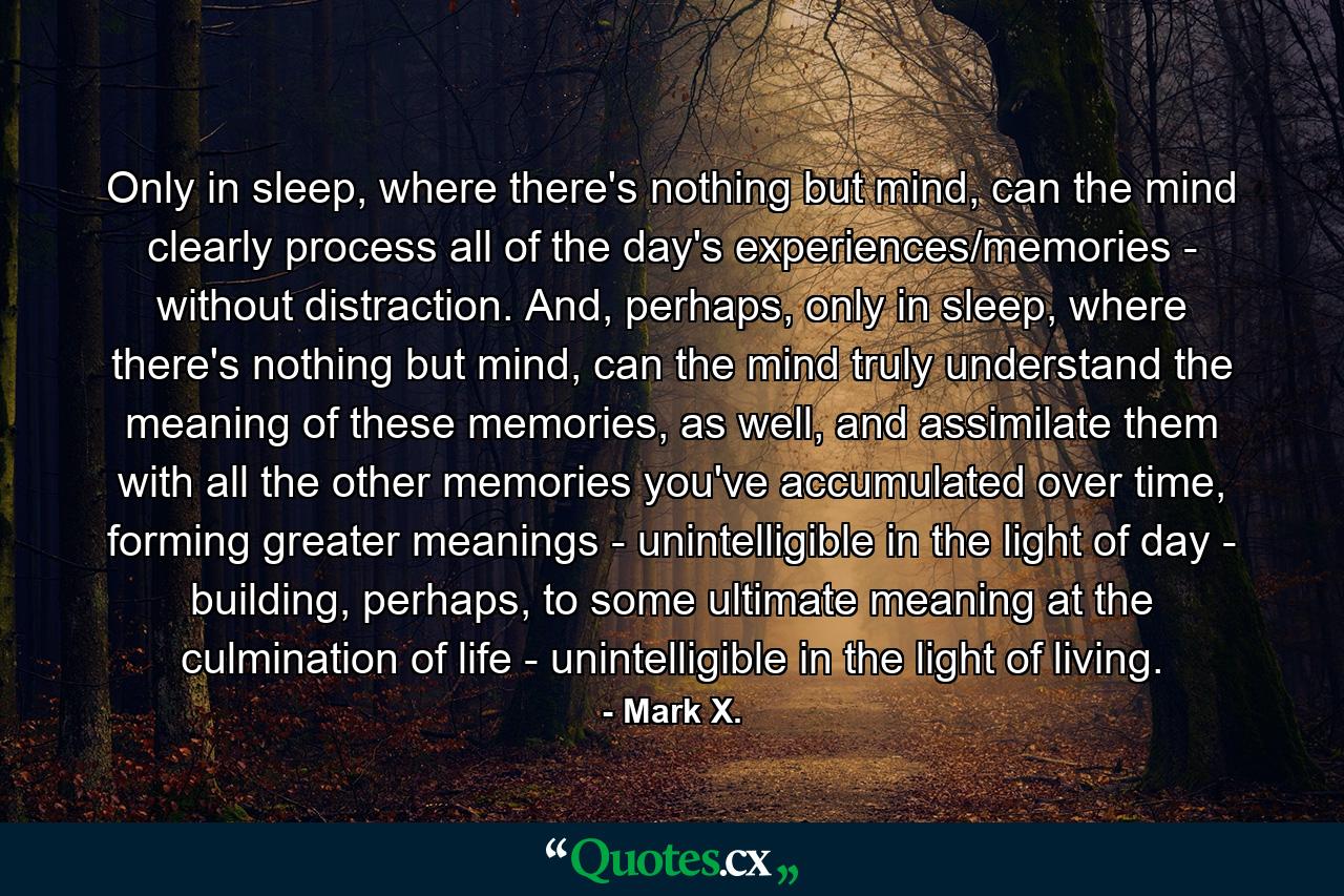 Only in sleep, where there's nothing but mind, can the mind clearly process all of the day's experiences/memories - without distraction. And, perhaps, only in sleep, where there's nothing but mind, can the mind truly understand the meaning of these memories, as well, and assimilate them with all the other memories you've accumulated over time, forming greater meanings - unintelligible in the light of day - building, perhaps, to some ultimate meaning at the culmination of life - unintelligible in the light of living. - Quote by Mark X.