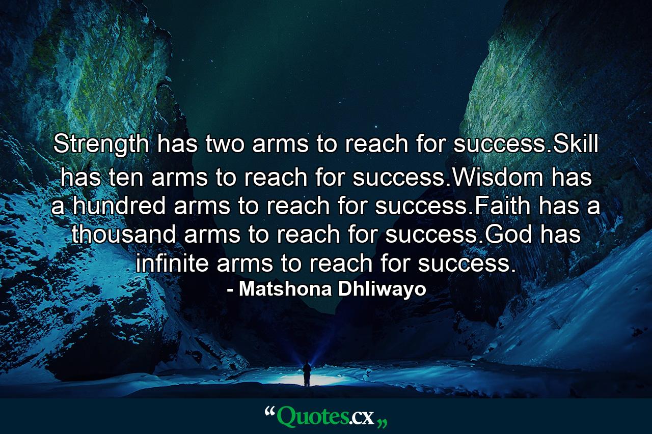 Strength has two arms to reach for success.Skill has ten arms to reach for success.Wisdom has a hundred arms to reach for success.Faith has a thousand arms to reach for success.God has infinite arms to reach for success. - Quote by Matshona Dhliwayo