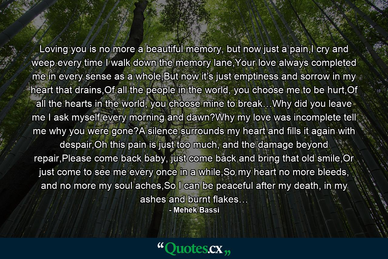Loving you is no more a beautiful memory, but now just a pain,I cry and weep every time I walk down the memory lane,Your love always completed me in every sense as a whole,But now it’s just emptiness and sorrow in my heart that drains,Of all the people in the world, you choose me to be hurt,Of all the hearts in the world, you choose mine to break…Why did you leave me I ask myself every morning and dawn?Why my love was incomplete tell me why you were gone?A silence surrounds my heart and fills it again with despair,Oh this pain is just too much, and the damage beyond repair,Please come back baby, just come back and bring that old smile,Or just come to see me every once in a while,So my heart no more bleeds, and no more my soul aches,So I can be peaceful after my death, in my ashes and burnt flakes… - Quote by Mehek Bassi