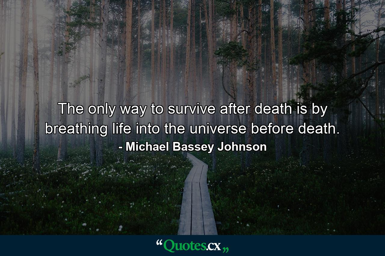 The only way to survive after death is by breathing life into the universe before death. - Quote by Michael Bassey Johnson