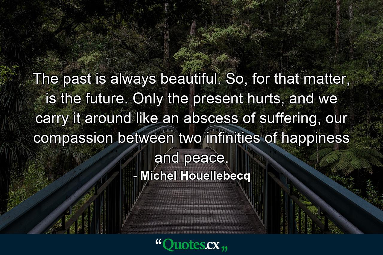 The past is always beautiful. So, for that matter, is the future. Only the present hurts, and we carry it around like an abscess of suffering, our compassion between two infinities of happiness and peace. - Quote by Michel Houellebecq