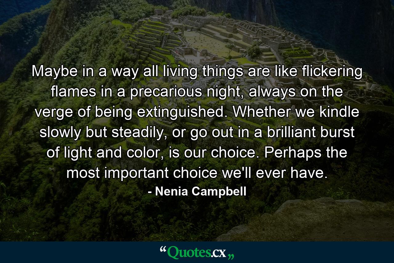 Maybe in a way all living things are like flickering flames in a precarious night, always on the verge of being extinguished. Whether we kindle slowly but steadily, or go out in a brilliant burst of light and color, is our choice. Perhaps the most important choice we'll ever have. - Quote by Nenia Campbell