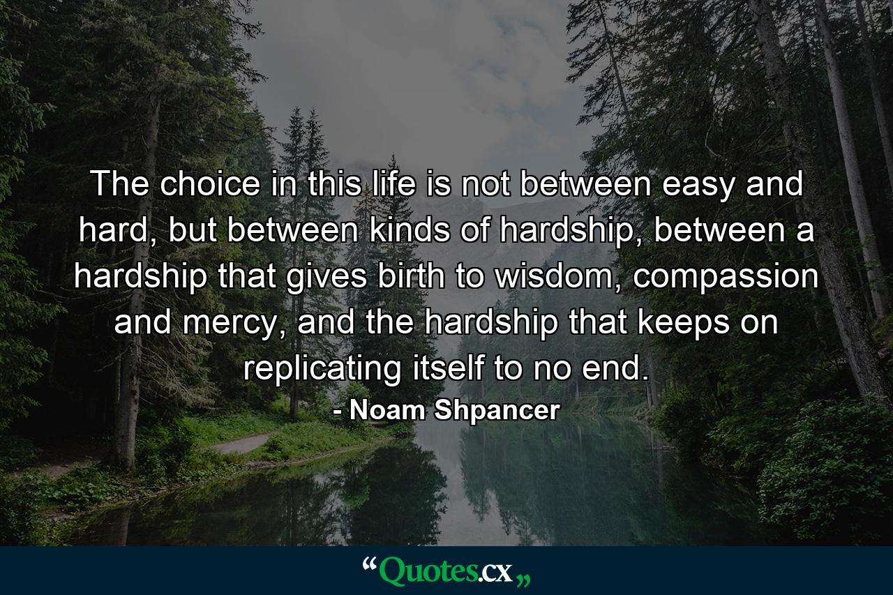 The choice in this life is not between easy and hard, but between kinds of hardship, between a hardship that gives birth to wisdom, compassion and mercy, and the hardship that keeps on replicating itself to no end. - Quote by Noam Shpancer