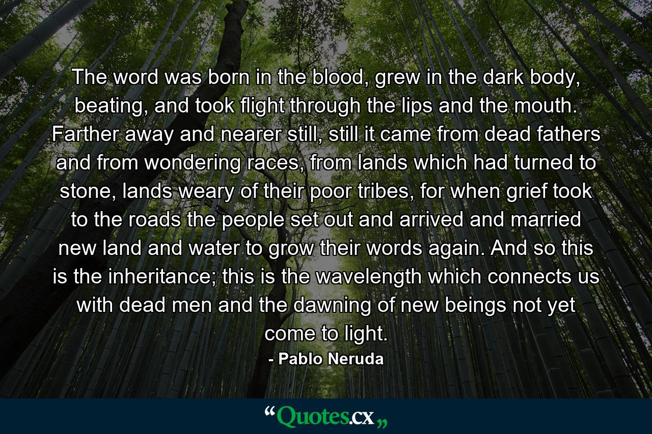 The word was born in the blood, grew in the dark body, beating, and took flight through the lips and the mouth. Farther away and nearer still, still it came from dead fathers and from wondering races, from lands which had turned to stone, lands weary of their poor tribes, for when grief took to the roads the people set out and arrived and married new land and water to grow their words again. And so this is the inheritance; this is the wavelength which connects us with dead men and the dawning of new beings not yet come to light. - Quote by Pablo Neruda