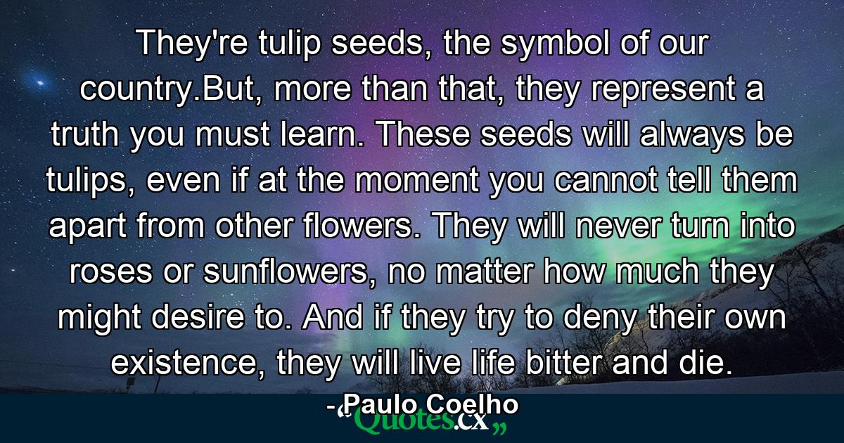 They're tulip seeds, the symbol of our country.But, more than that, they represent a truth you must learn. These seeds will always be tulips, even if at the moment you cannot tell them apart from other flowers. They will never turn into roses or sunflowers, no matter how much they might desire to. And if they try to deny their own existence, they will live life bitter and die. - Quote by Paulo Coelho