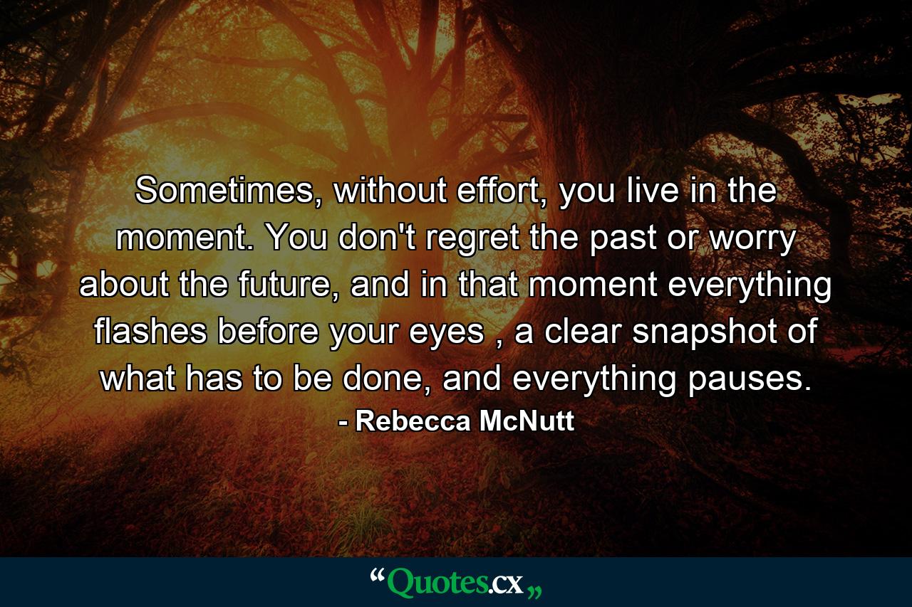 Sometimes, without effort, you live in the moment. You don't regret the past or worry about the future, and in that moment everything flashes before your eyes , a clear snapshot of what has to be done, and everything pauses. - Quote by Rebecca McNutt