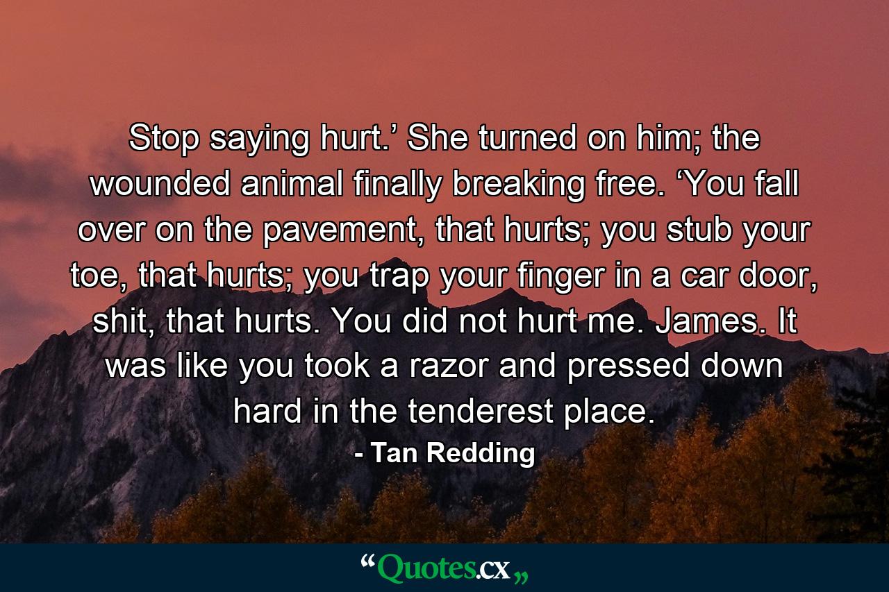 Stop saying hurt.’ She turned on him; the wounded animal finally breaking free. ‘You fall over on the pavement, that hurts; you stub your toe, that hurts; you trap your finger in a car door, shit, that hurts. You did not hurt me. James. It was like you took a razor and pressed down hard in the tenderest place. - Quote by Tan Redding