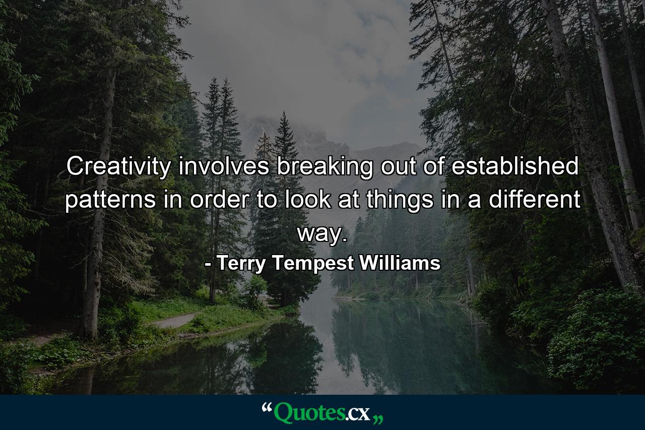 Creativity involves breaking out of established patterns in order to look at things in a different way. - Quote by Terry Tempest Williams