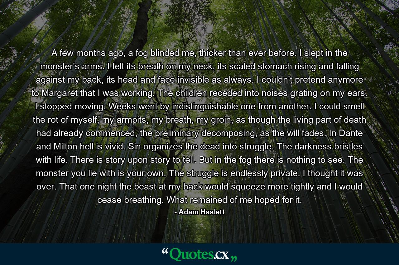 A few months ago, a fog blinded me, thicker than ever before. I slept in the monster’s arms. I felt its breath on my neck, its scaled stomach rising and falling against my back, its head and face invisible as always. I couldn’t pretend anymore to Margaret that I was working. The children receded into noises grating on my ears. I stopped moving. Weeks went by indistinguishable one from another. I could smell the rot of myself, my armpits, my breath, my groin, as though the living part of death had already commenced, the preliminary decomposing, as the will fades. In Dante and Milton hell is vivid. Sin organizes the dead into struggle. The darkness bristles with life. There is story upon story to tell. But in the fog there is nothing to see. The monster you lie with is your own. The struggle is endlessly private. I thought it was over. That one night the beast at my back would squeeze more tightly and I would cease breathing. What remained of me hoped for it. - Quote by Adam Haslett