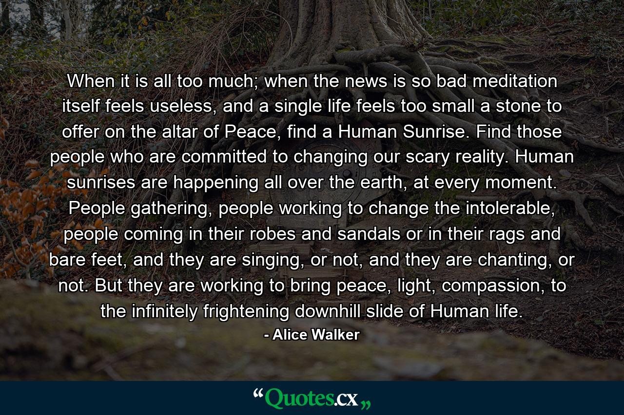 When it is all too much; when the news is so bad meditation itself feels useless, and a single life feels too small a stone to offer on the altar of Peace, find a Human Sunrise. Find those people who are committed to changing our scary reality. Human sunrises are happening all over the earth, at every moment. People gathering, people working to change the intolerable, people coming in their robes and sandals or in their rags and bare feet, and they are singing, or not, and they are chanting, or not. But they are working to bring peace, light, compassion, to the infinitely frightening downhill slide of Human life. - Quote by Alice Walker