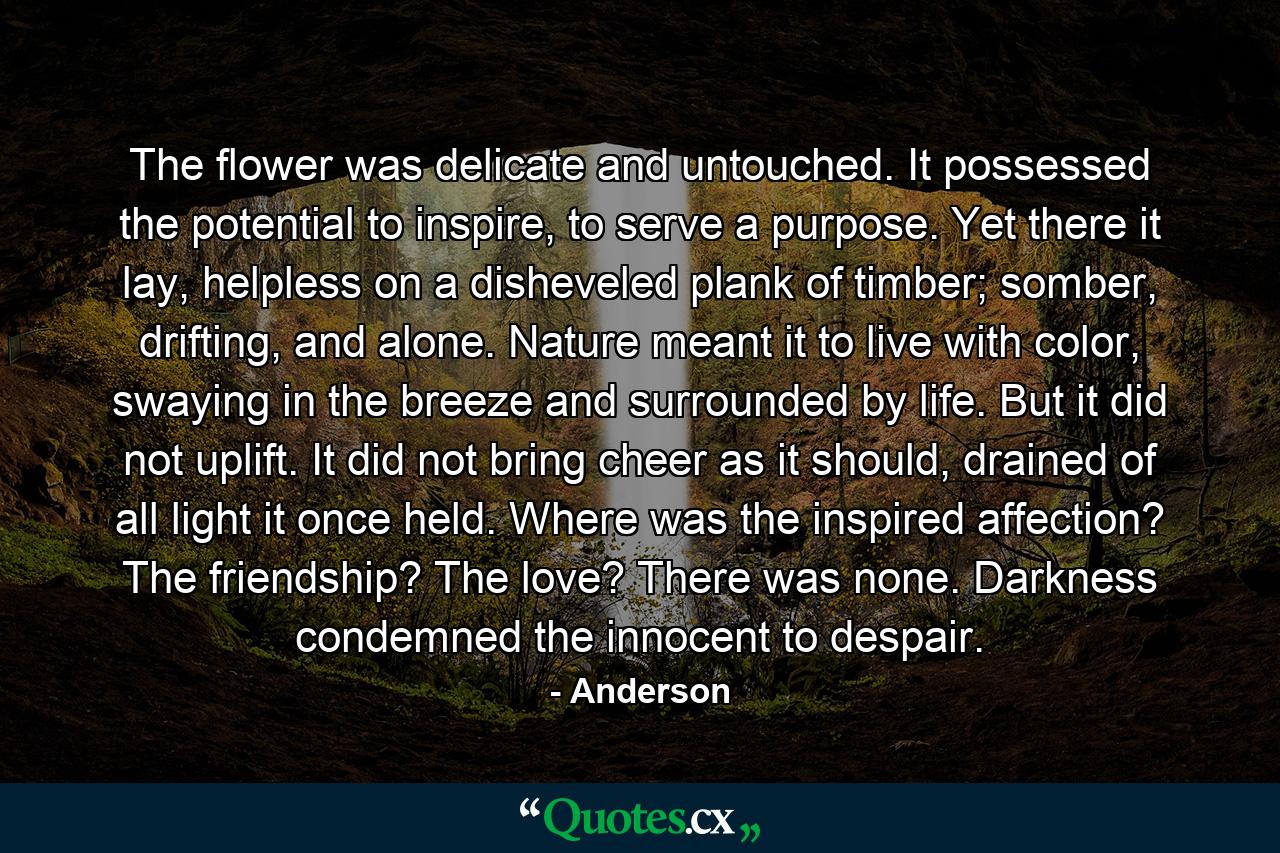 The flower was delicate and untouched. It possessed the potential to inspire, to serve a purpose. Yet there it lay, helpless on a disheveled plank of timber; somber, drifting, and alone. Nature meant it to live with color, swaying in the breeze and surrounded by life. But it did not uplift. It did not bring cheer as it should, drained of all light it once held. Where was the inspired affection? The friendship? The love? There was none. Darkness condemned the innocent to despair. - Quote by Anderson